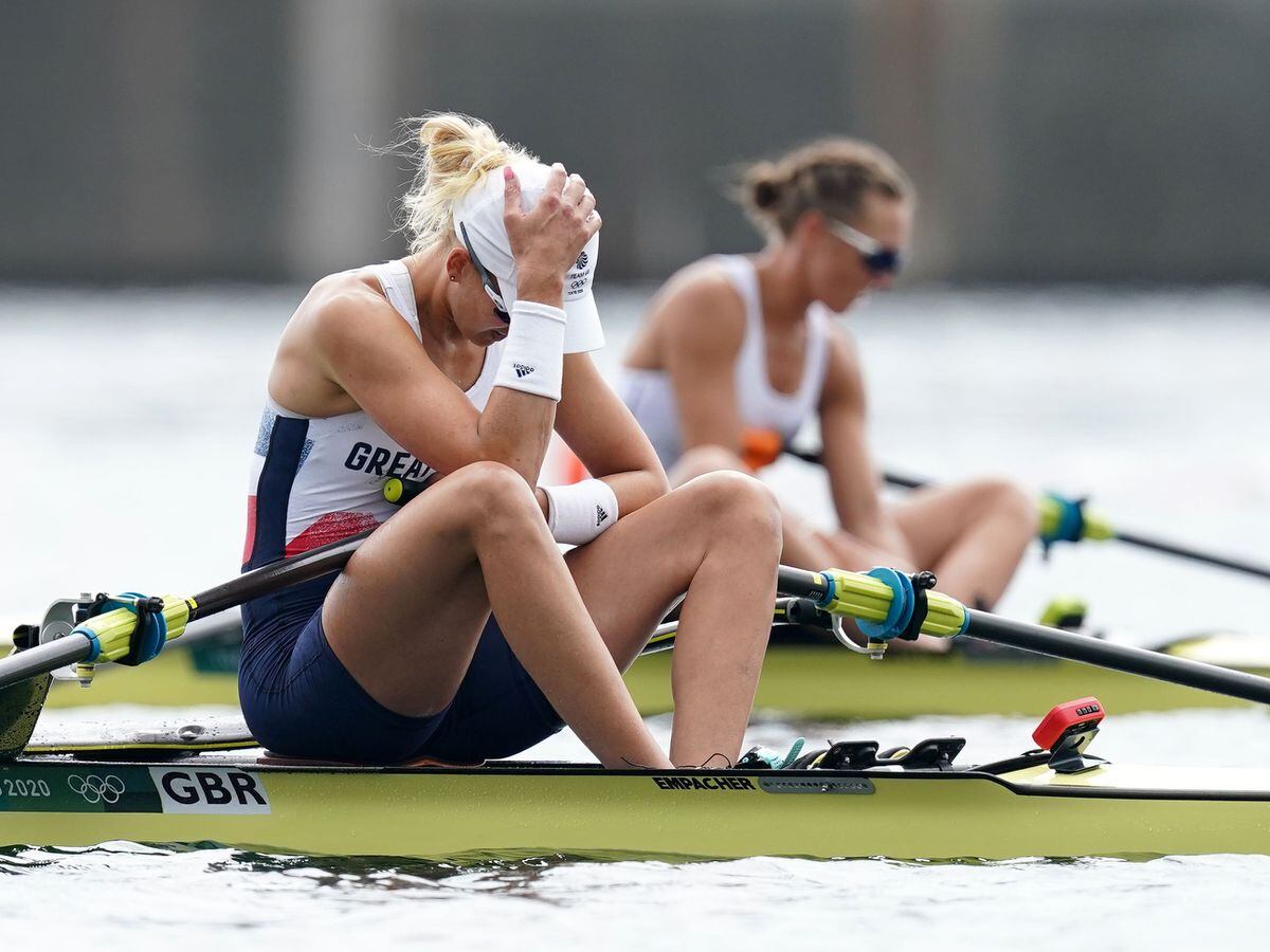 Great Britain’s Victoria Thornley reacts after finishing fourth in the women’s single sculls