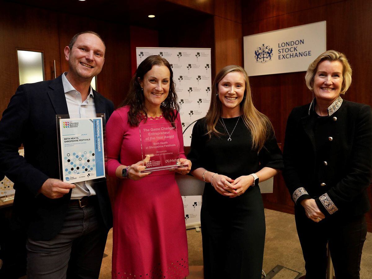  Beth and Sid Heath, from Shropshire Festivals, receiving the award in London from Shevaun Haviland (right) and Jasmine King of award sponsor Meta 