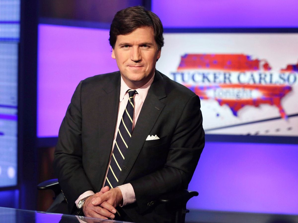 Tucker Carlson in a Fox News Channel studio in March 2017 in New York