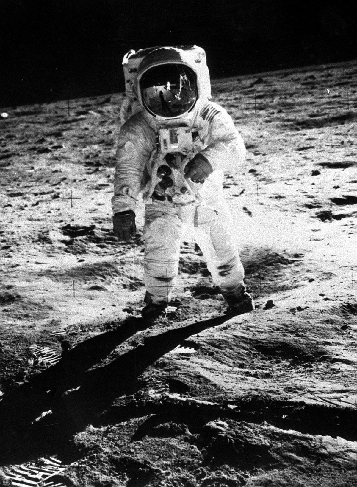 neil armstrong on moon black and white