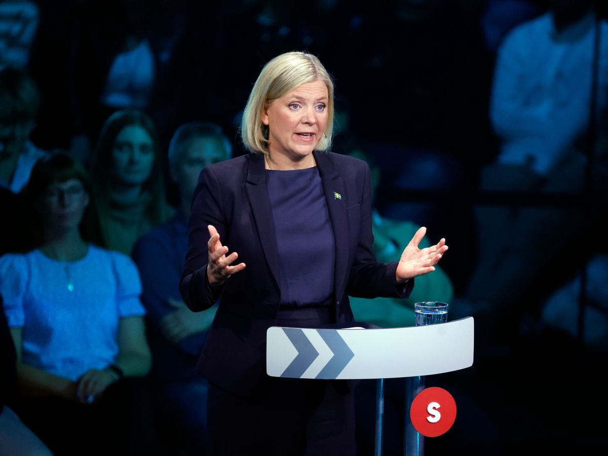 Magdalena Andersson, Prime Minister of Sweden and leader of the Social Democratic Party, takes part in a political debate broadcast on TV4 in Eskilstuna, Sweden