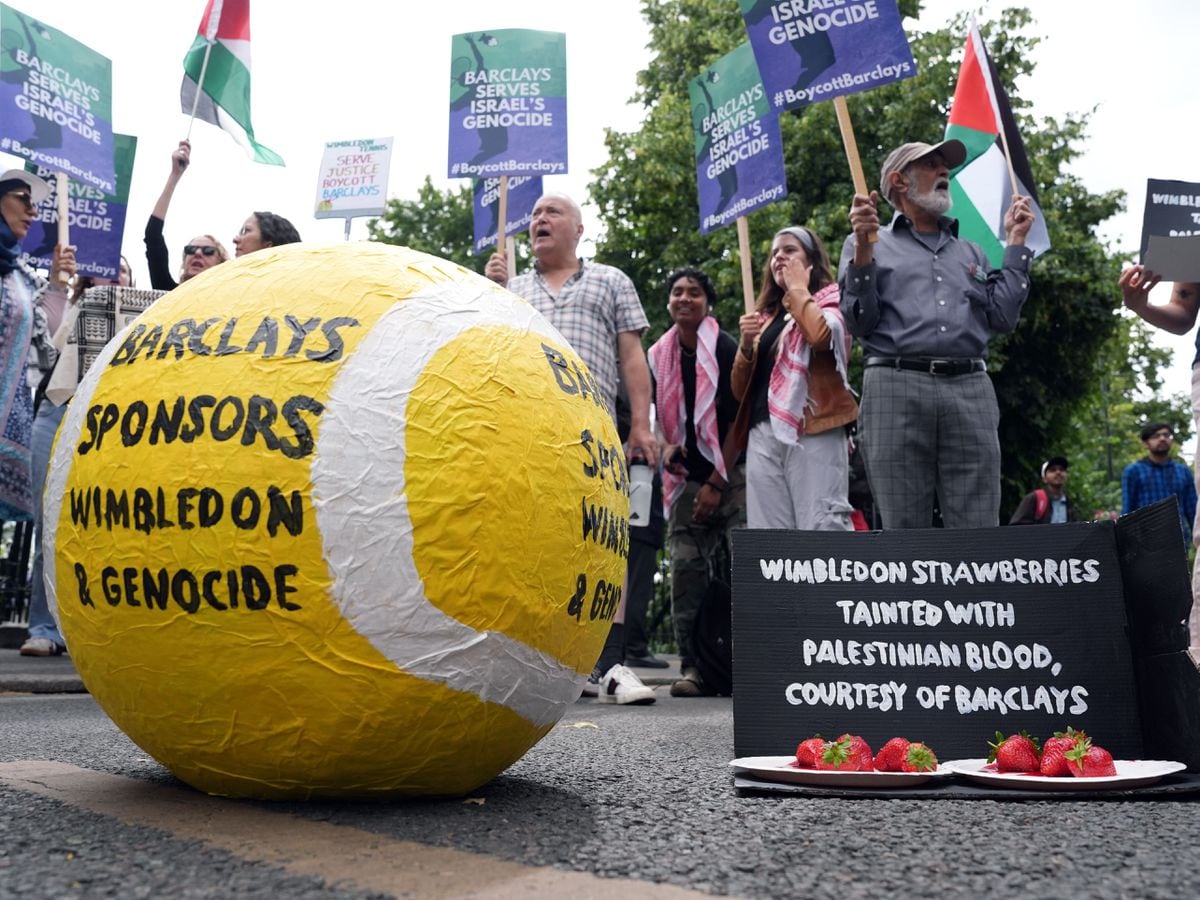 Pro-Palestinian protesters demonstrate against Wimbledon sponsor