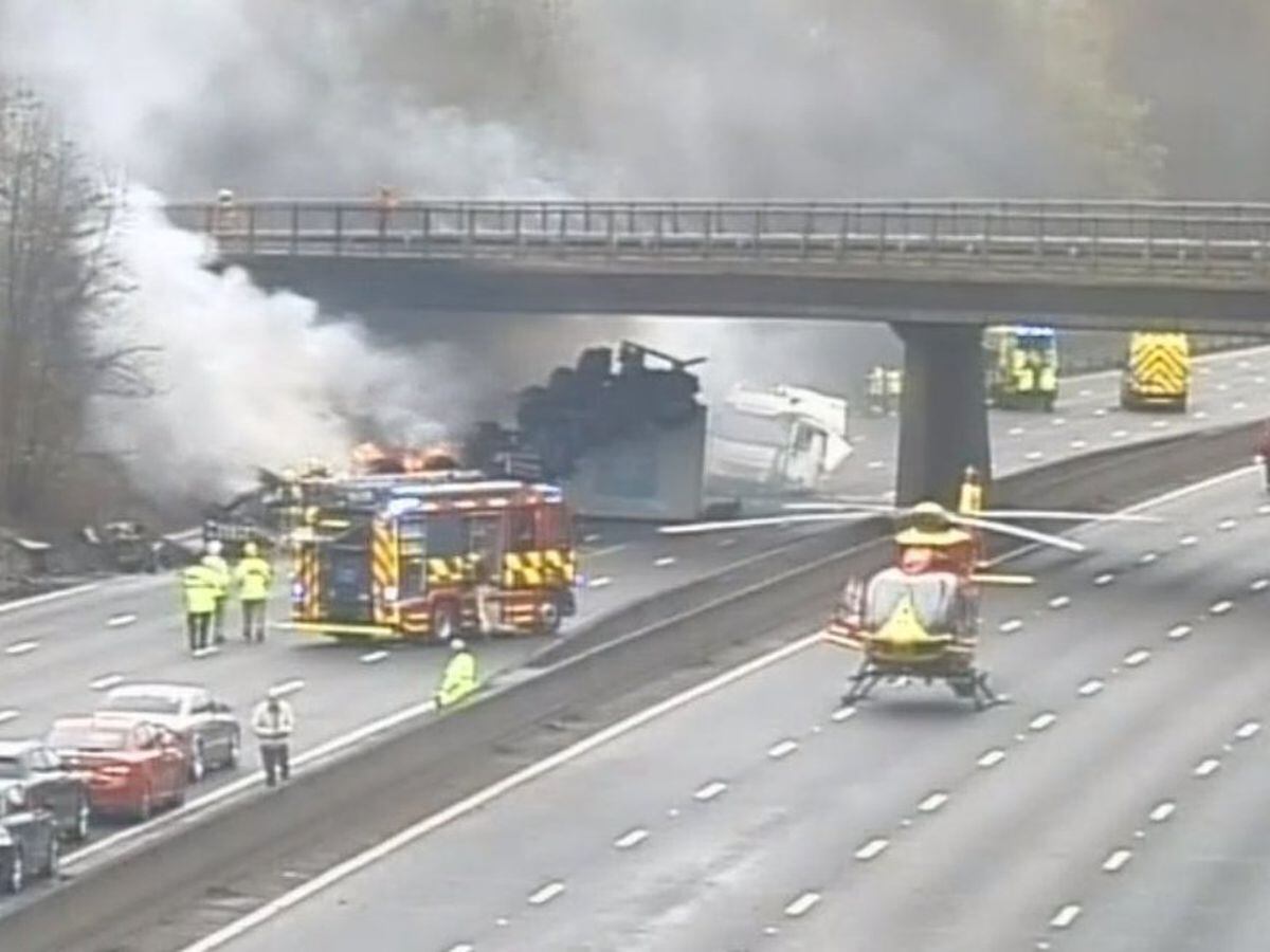 traffic-stopped-on-m6-due-to-lorry-fire-caused-by-crash-as-motorists