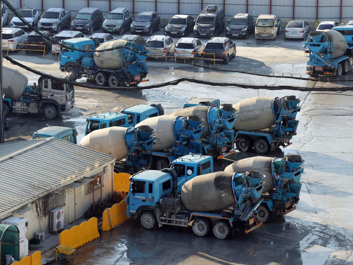 Ready-mixed concrete vehicles parked at a remicon factory in Seoul