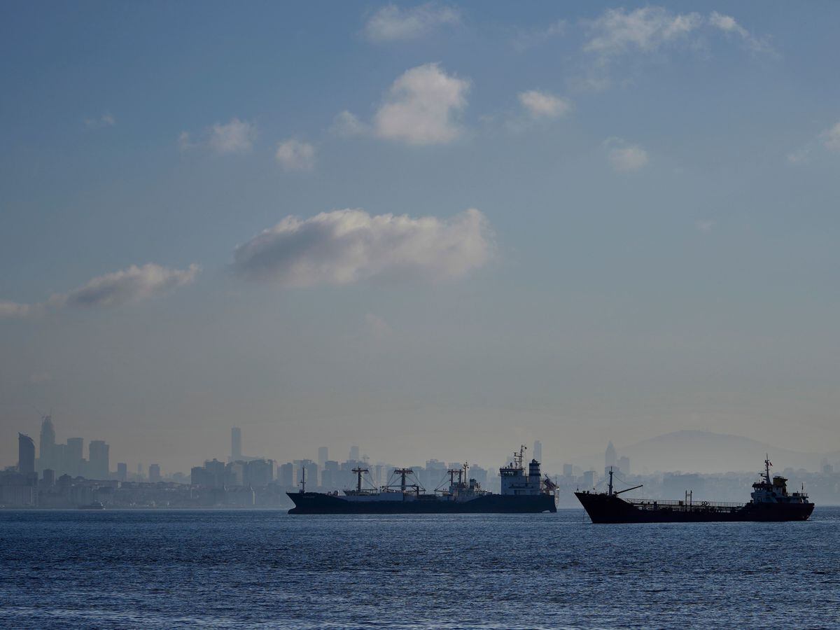 Cargo ships anchored in the Marmara Sea wait to cross the Bosphorus Straits in Istanbul, Turkey