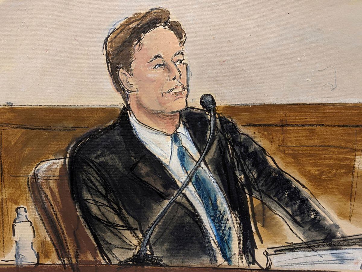 In this courtroom sketch, Tesla CEO Elon Musk testifies in court in Wilmington, Delaware