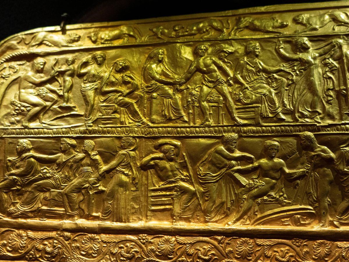 A copy of the fourth century BC golden ritual quiver, an ancient treasure from a Scythian king’s burial mound, is exhibited in the Museum of Historical Treasures in Kyiv, Ukraine