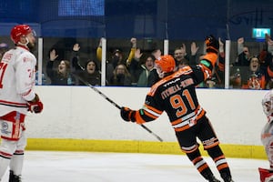 Rhodes Mitchell-King skates away to celebrate with the Telford Tigers fans in Shropshire on Sunday (Picture: Lauren Rankin)