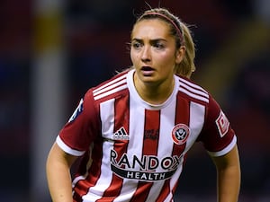 Maddy Cusack pictured in action for Sheffield United against Aston Villa in a Continental Cup match in November 2021