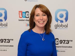 Kay Burley with Global/LBC backdrop