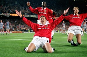 Matt Ashton's iconic picture of Manchester United's Ole Gunnar Solskjaer celebrating his Champion's League winner. Picture: Matt Ashton - EMPICS Sports Photo Agency