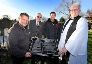 Children from John Fletcher of Madeley Primary School attend the rededication for the Nine Men of Madeley plaque event at St Michael's Parish Church, Madeley. Pictured are Kirk Shenton from Madeley Brass Castings, Alan Jones, Chairman of Madeley History Group, Samantha Middleton, Deputy Town Clerk of Madeley and Rev Andy Ackroyd.