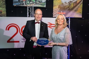 SVR's Jonathan ‘Gus’ Dunster with Network Rail's Denise Wetton with the 'Achievement of the Year' award at the Heritage Railway Association Awards ceremony in Newcastle. Picture: Jack Boskett Media/Severn Valley Railway.