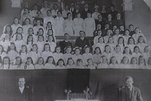 Trevor Matthews' grandfather Steve, front left, and his father Norman, front right, in front of the Lichfield Street Methodist Church choir in 1913