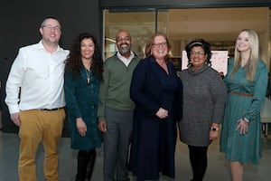 NFU Agrifutures launch at the STEAM House in Birmingham. Keynote speakers and stakeholders. (L-R) Josh Payne, Mallika Basu, Navaratnam Partheeban OBE NSch, NFU Vice President Rachel Hallos, Kulvinder Johal and Jennie Devine