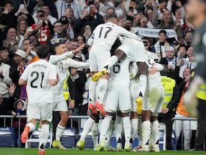 Real Madrid players celebrate after Federico Valverde's goal