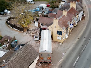 Bayston Hill crash where a lorry has crashed into The Three Fishes Pub and also a house and car, near Dobbies Roundabout on the A49