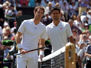 Andy Murray, left, and Novak Djokovic at the net ahead of their 2013 Wimbledon final