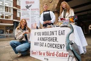 PETA protest - Animal Rights Activists in Shrewsbury. In Picture L>R: Molly Elsdon (PETA), Jake Ball (Volunteer) and Josie Knowles (PETA)