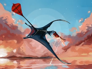 Artist's impression of a pterosaur in flight against a blue sky with pink clouds. There is a large red kit-shaped vane at the end of the animal's long thin tail