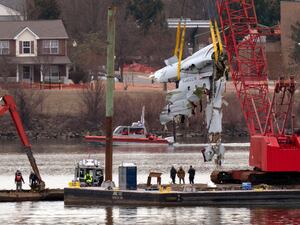 Rescue and salvage crews with cranes pull up the wreckage of an American Airlines jet