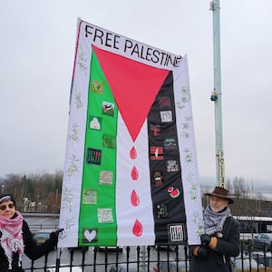 Members of Radnor Palestine Links gathered outside Llandrindod Wells hospital last Saturday 