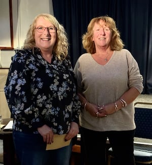 Champion night for Bec Wedge and Allscott Heath, seen with league chair Wendy Jones, right