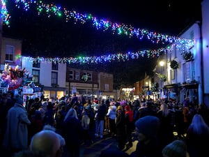 Crowds enjoying Kington’s Christmas lights and the switch-on event. Image: Andy Compton