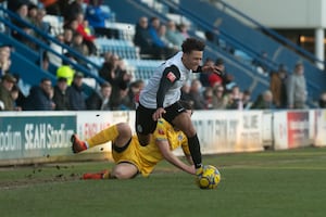 Substitute Ellis Brown is taken down during AFC Telford United's 3-1 victory over Leiston (Picture: Kieren Griffin Photography)