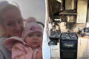 Angel Carpenter and her daughter Frankie and some fire damage. 