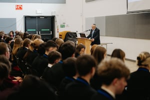 Holocaust survivor Manfred Goldberg speaks to pupils at The Burton Borough School in Newport. Picture: Jamie Ricketts