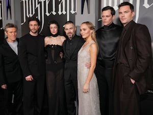 Willem Dafoe, from left, Aaron Taylor-Johnson, Emma Corrin, Robert Eggers, Lily-Rose Depp, Bill Skarsgard and Nicholas Hoult arrive at the premiere of Nosferatu