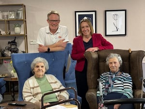 James Tugendhat, Chief Executive Officer of HC-One and MP for North Shropshire and Liberal Democrat Spokesperson for Health and Social Care, Helen Morgan at HC-One’s Bluebell View Care Home with residents Barbara Moore and Joyce Stanford