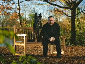 Rick Gervais with the dog from After Life. (Netflix)