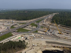 Aerial view of the roadworks on the M25/A3 junction in May 2024