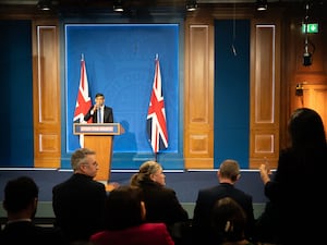 Rishi Sunak holds a press conference in the Downing Street press room, when it still included large blue panels behind the stage