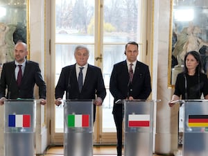 French Minister for Europe and Foreign Affairs Jean-Noel Barrot, left, Italian foreign minister Antonio Tajani, second left, Polish foreign minister Radoslaw Sikorski and German foreign minister Annalena Baerbock attend a press conference as European foreign ministers meet in Warsaw, Poland