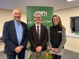 Montgomeryshire NFU Cymru County Chairman, Dafydd Parry Jones; Chief Veterinary Officer, Dr Richard Irvine and former Montgomeryshire and Clwyd NFU Cymru County Adviser , Olivia Bennett-Jones