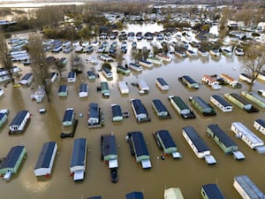 An aerial view of a flooded caravan park