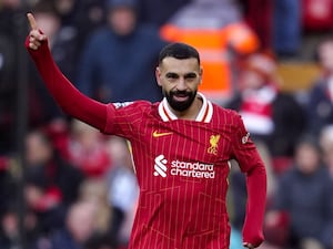 Liverpool’s Mohamed Salah celebrates scoring against Ipswich