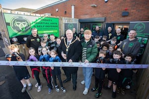 Councillor Ollie Vickers with Mayor of Great Dawley, Councillor Ben Carter, officially opening Trinity Martial Arts & Self Defence with owner Ed Hodgson, far right.