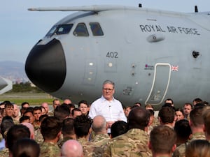 Prime Minister Sir Keir Starmer speaks to soldiers at the RAF base in Akrotiri, Cyprus