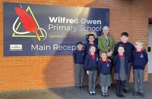 Headteacher Karen Matthews with pupils at Wilfred Owen Primary School. 