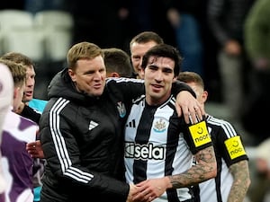 Newcastle head coach Eddie Howe (left) and midfielder Sandro Tonali (right) after the Carabao Cup quarter-final victory over Brentford