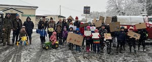 Children and parents who took part in Dougie's mini-march to Presteigne Primary School