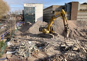 Demolition progress at the Riverside Shopping Centre side on Smithfield Road, Shrewsbury, on Monday, February 3, 2025.