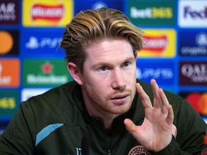 Manchester City’s Kevin De Bruyne speaks during Monday's press conference