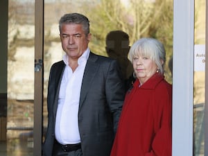 Andrew Rush (left) with his sister Siobhan Rose (nee Rush), children of Elizabeth 'Libbi' Rush, one of the victims of the Omagh bombing, leaving the Strule Arts Centre in Omagh, Co Tyrone