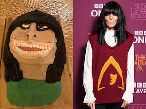 Composite image of a caricature cake of Claudia Winkleman (left) and a red carpet photo of Claudia Winkleman