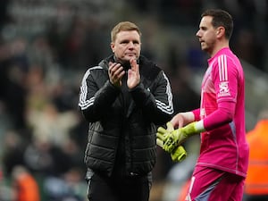 Newcastle boss Eddie Howe applauds the fans after the Premier League match against Leicester at St James’ Park